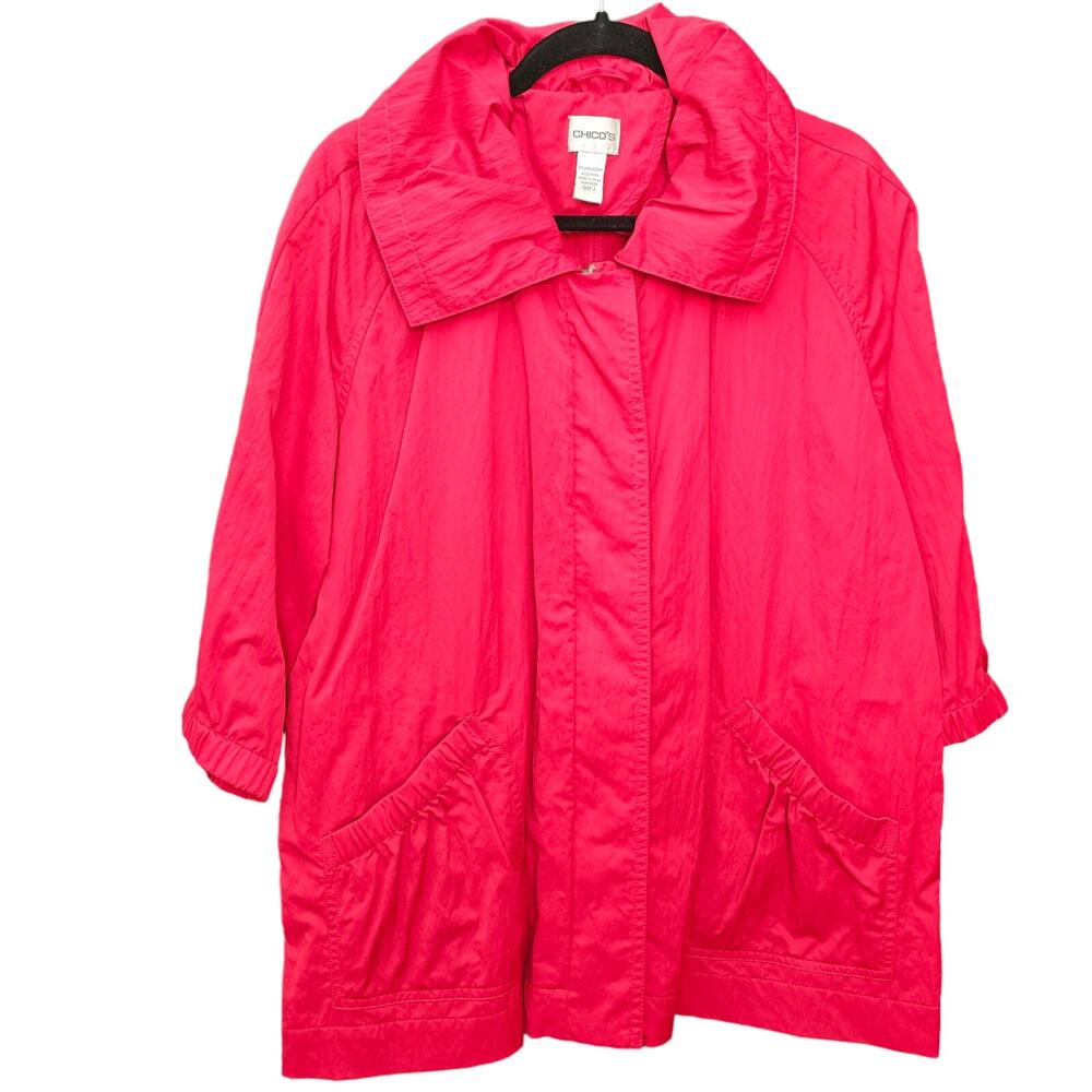 Chico's Windbreaker Jacket Womens 2 Large Red Half Sleeve Full Zip Pockets Mod